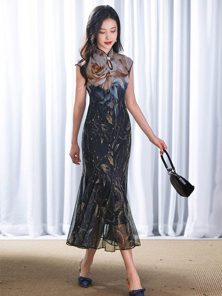 Rose print pattern|Gold-thread embroidered mermaid skirt(亦玫) - E·Beauty