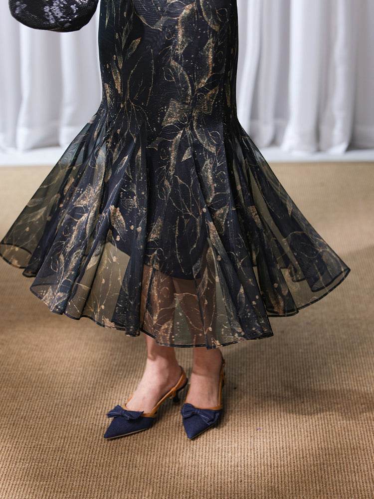 Rose print pattern|Gold-thread embroidered mermaid skirt(亦玫) - E·Beauty