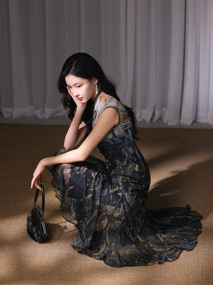 Rose print pattern|Gold-thread embroidered mermaid skirt(亦玫) - E·Beauty