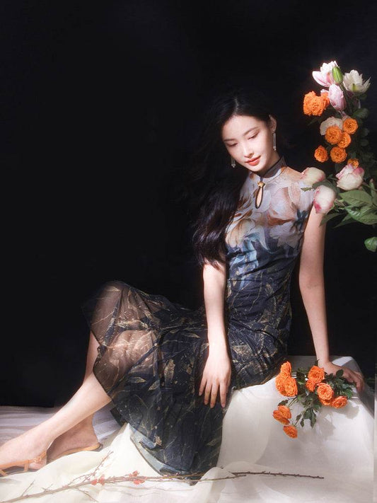 Rose print pattern|Gold-thread embroidered mermaid skirt(亦玫) - E·Beauty