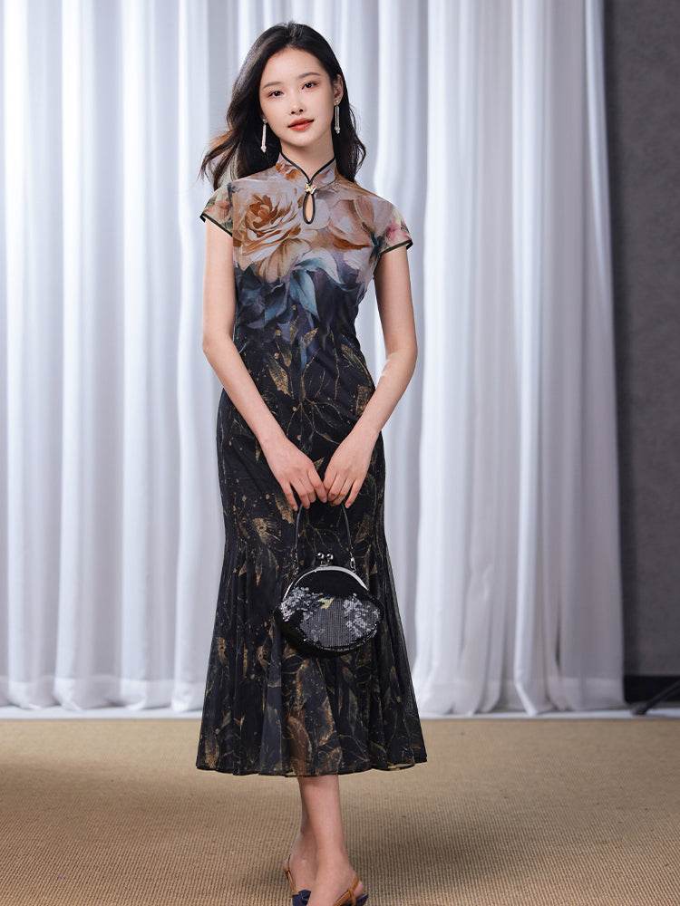 Rose print pattern|Gold-thread embroidered mermaid skirt(亦玫) - E·Beauty