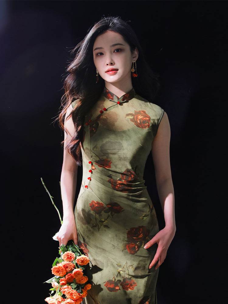 Red rose in Forest Stretch Tulle with Memory Elasticity| Modern one-Pieces Qipao Dress(悠望) - E·Beauty