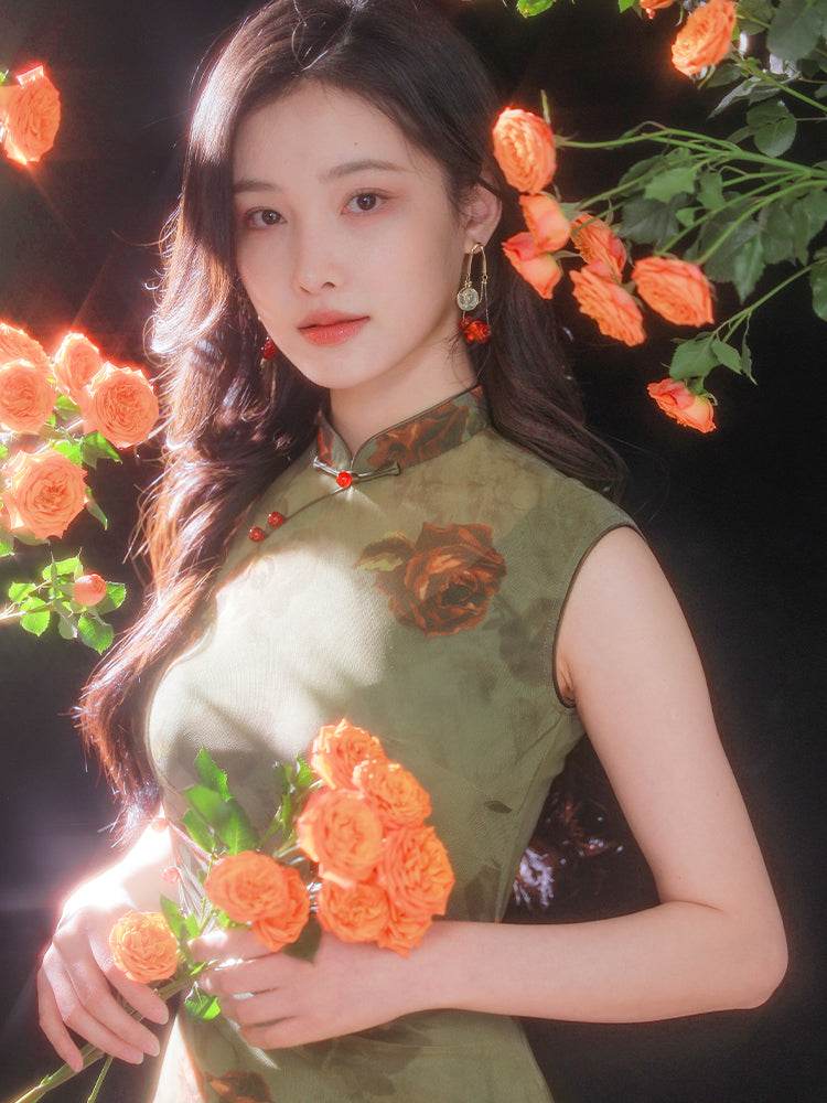 Red rose in Forest Stretch Tulle with Memory Elasticity| Modern one-Pieces Qipao Dress(悠望) - E·Beauty