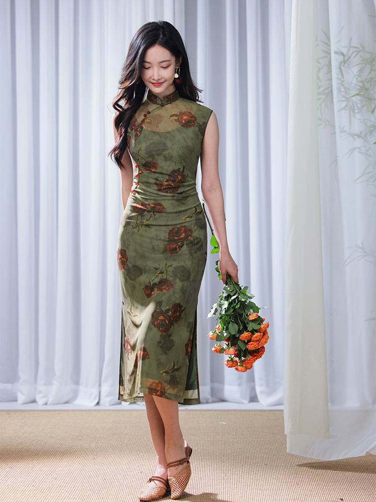 Red rose in Forest Stretch Tulle with Memory Elasticity| Modern one-Pieces Qipao Dress(悠望) - E·Beauty