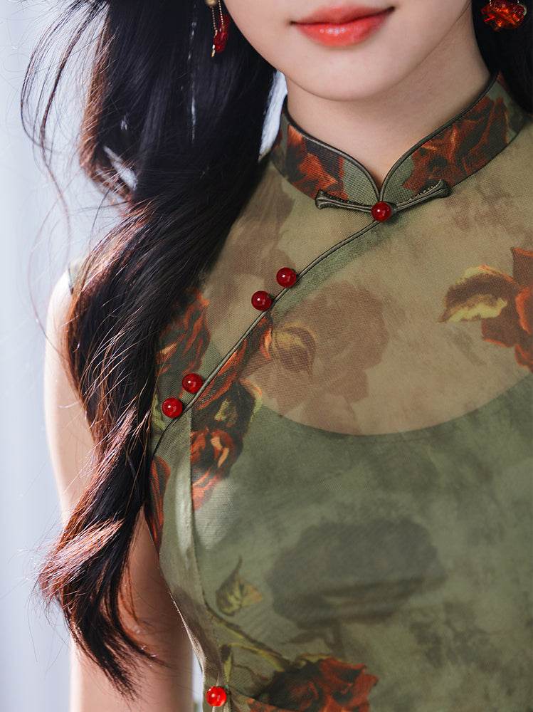 Red rose in Forest Stretch Tulle with Memory Elasticity| Modern one-Pieces Qipao Dress(悠望) - E·Beauty
