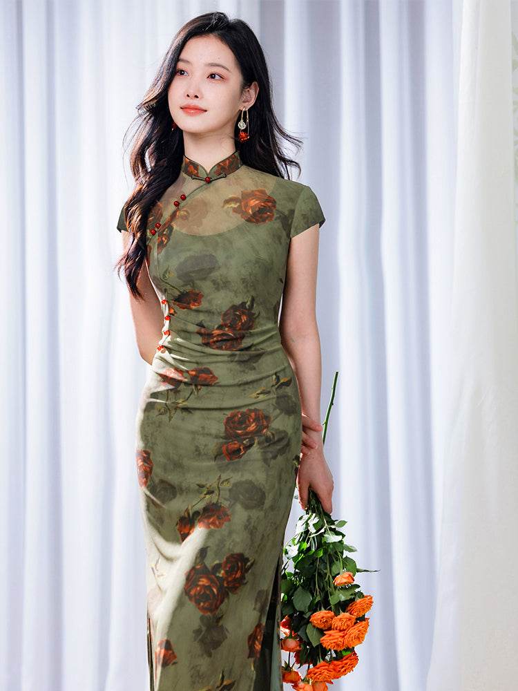 Red rose in Forest Stretch Tulle with Memory Elasticity| Modern one-Pieces Qipao Dress(悠望) - E·Beauty