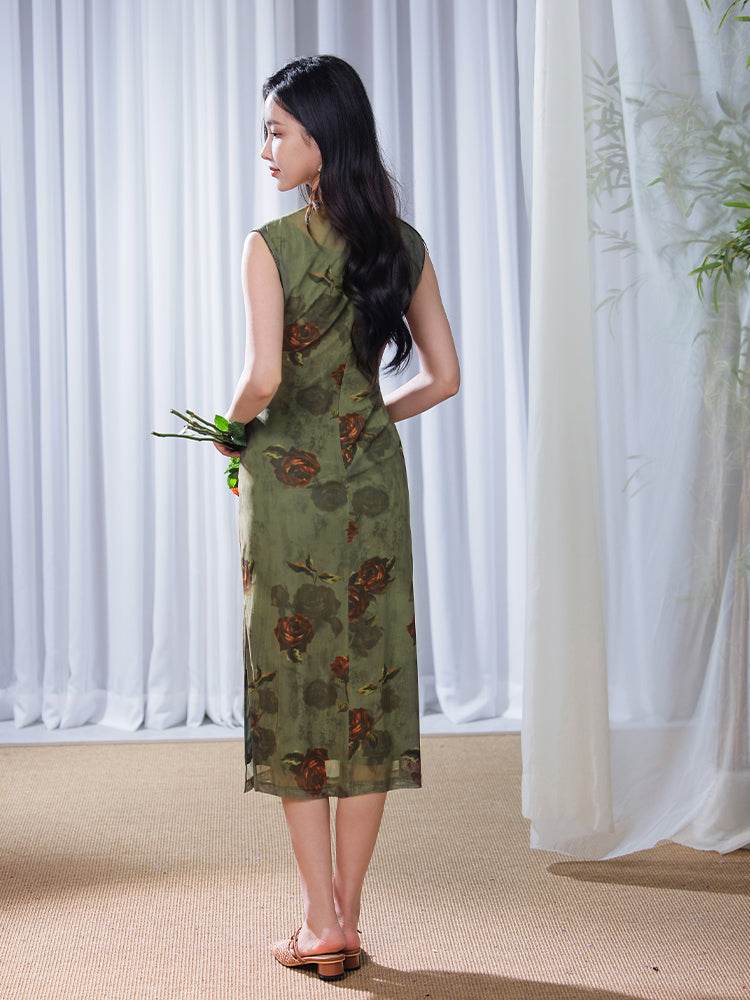 Red rose in Forest Stretch Tulle with Memory Elasticity| Modern one-Pieces Qipao Dress(悠望) - E·Beauty