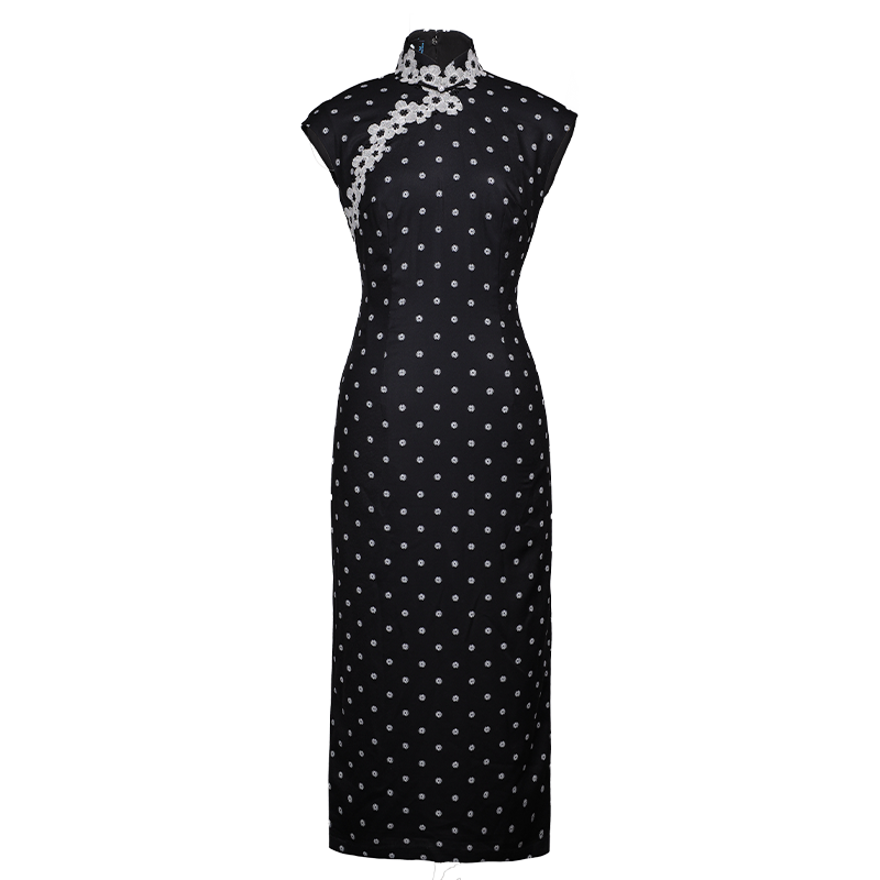 Ink-Black Shanghai Noir Polka Dots | Modern one-Pieces Qipao Dress(语莺)