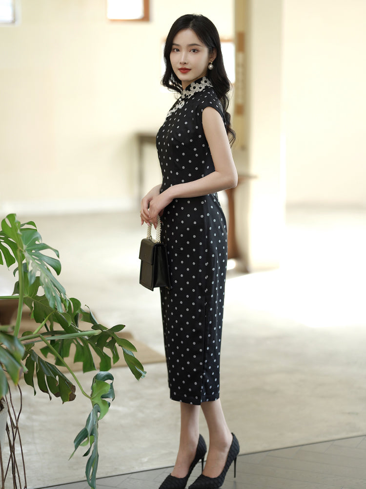 Ink-Black Shanghai Noir Polka Dots | Modern one-Pieces Qipao Dress(语莺)