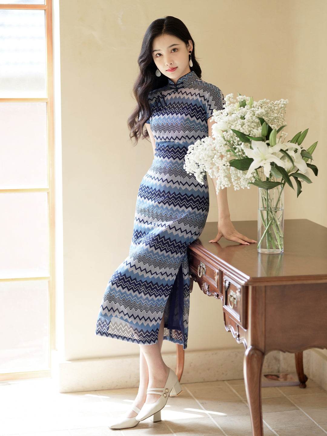 Blue and white wave pattern| Modern one-Pieces Qipao Dress(泽岚) - E·Beauty