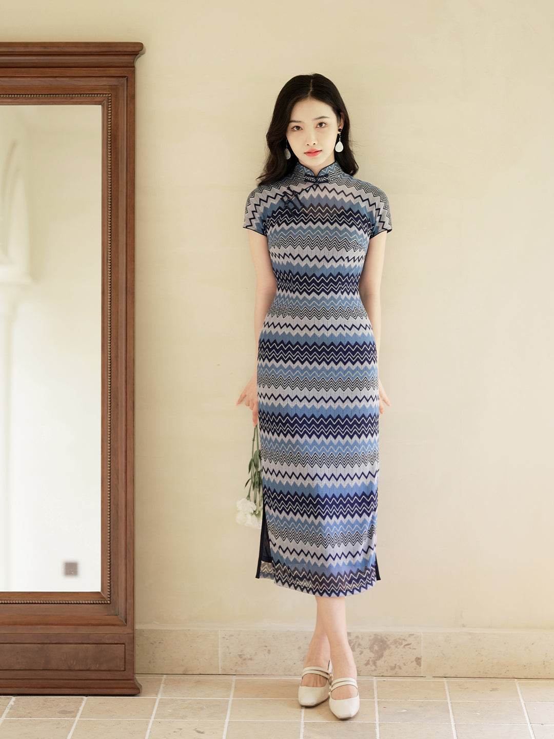 Blue and white wave pattern| Modern one-Pieces Qipao Dress(泽岚) - E·Beauty