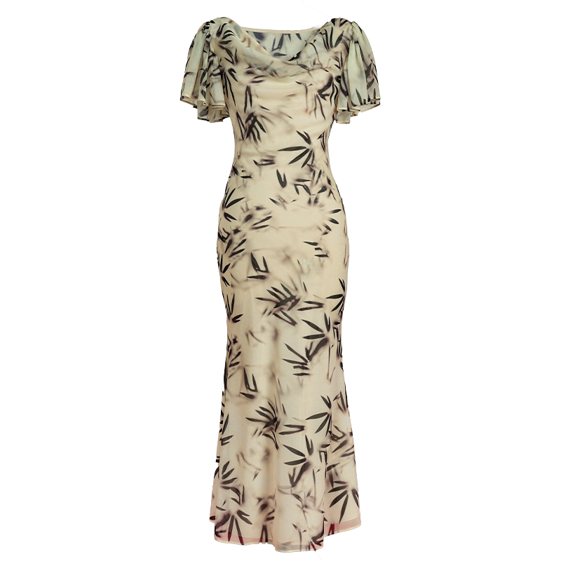 Warm Apricot Frosted Matte Stretch Mesh | Modern one-Pieces Qipao Dress (竹瑶)