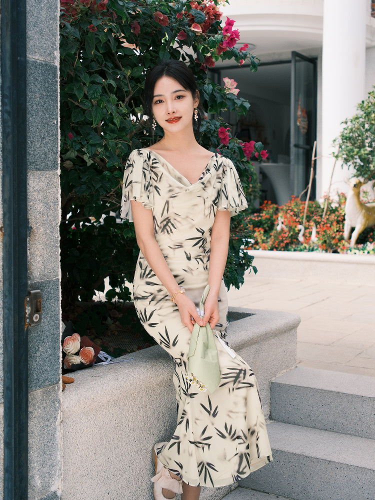 Warm Apricot Frosted Matte Stretch Mesh | Modern one-Pieces Qipao Dress (竹瑶)