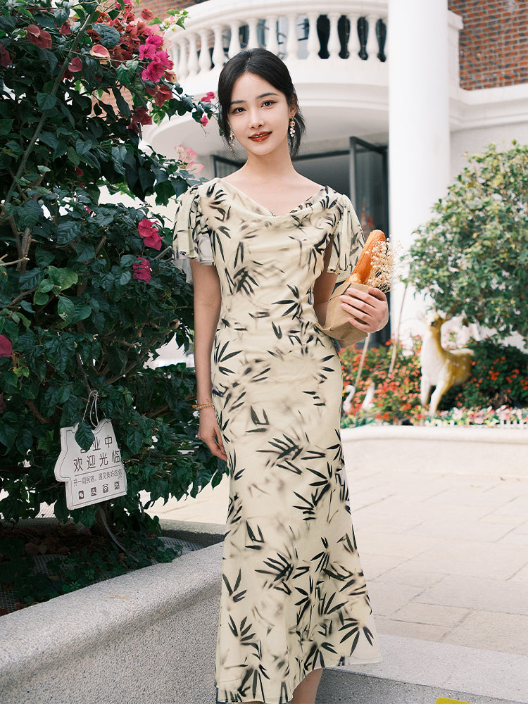 Warm Apricot Frosted Matte Stretch Mesh | Modern one-Pieces Qipao Dress (竹瑶)