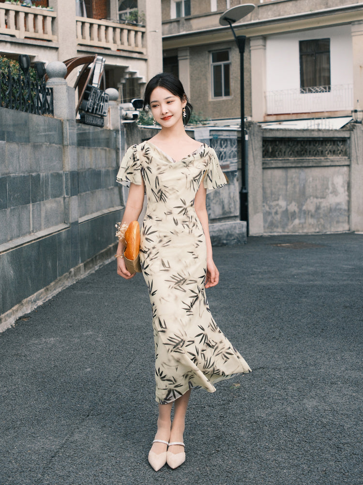 Warm Apricot Frosted Matte Stretch Mesh | Modern one-Pieces Qipao Dress (竹瑶)