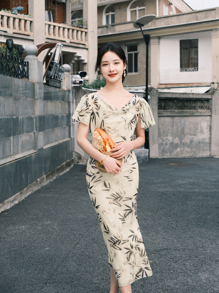 Warm Apricot Frosted Matte Stretch Mesh | Modern one-Pieces Qipao Dress (竹瑶)