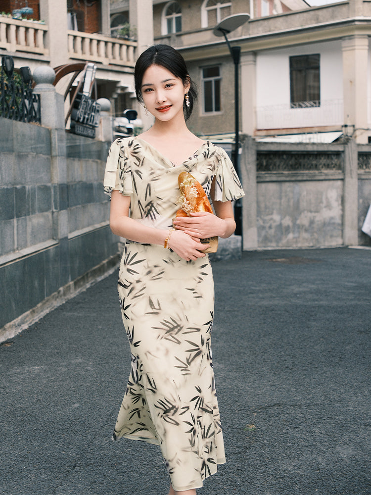 Warm Apricot Frosted Matte Stretch Mesh | Modern one-Pieces Qipao Dress (竹瑶)