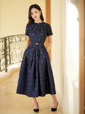 Navy Blue Intricate Jacquard | Effortless Flared Skirt (赫本)