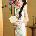 Botanical-Dyed Ivory Silk Satin | Modern one-Pieces Qipao Dress (青韵)