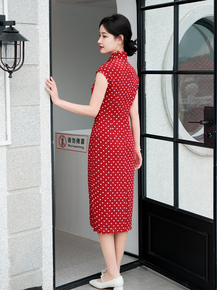 dark red polka dot|Modern one-Pieces Qipao Dress（舒萌）