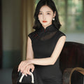 Refined Ink Black Sophistication | Modern one-Pieces Qipao Dress (扶芳)