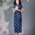 Navy blue Geometric Lattice  | Modern one-Pieces Qipao Dress（若檬）