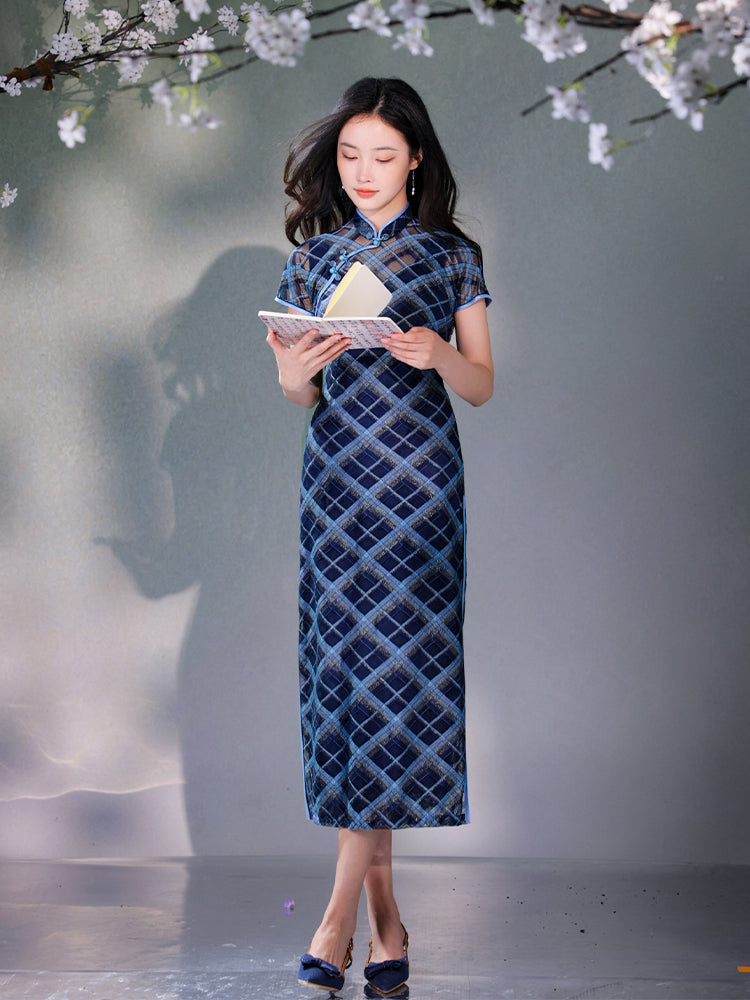 Navy blue Geometric Lattice  | Modern one-Pieces Qipao Dress（若檬）