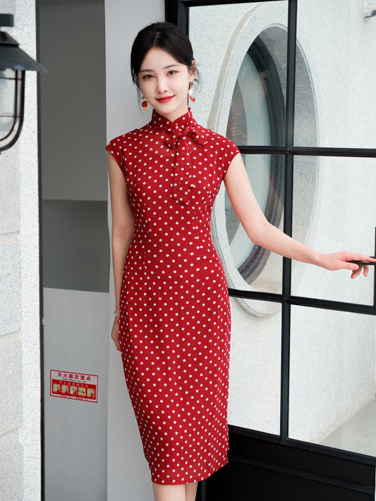 dark red polka dot|Modern one-Pieces Qipao Dress（舒萌）