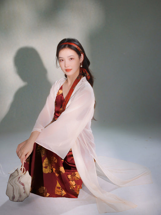 Pale Pink Silk Embroidered | Hanfu-Style Long Draped Cardigan (菲芸)