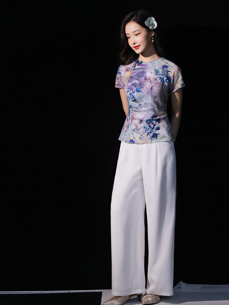 Blue, purple and orange coloring|Modern one-Pieces Qipao top（叶栀）