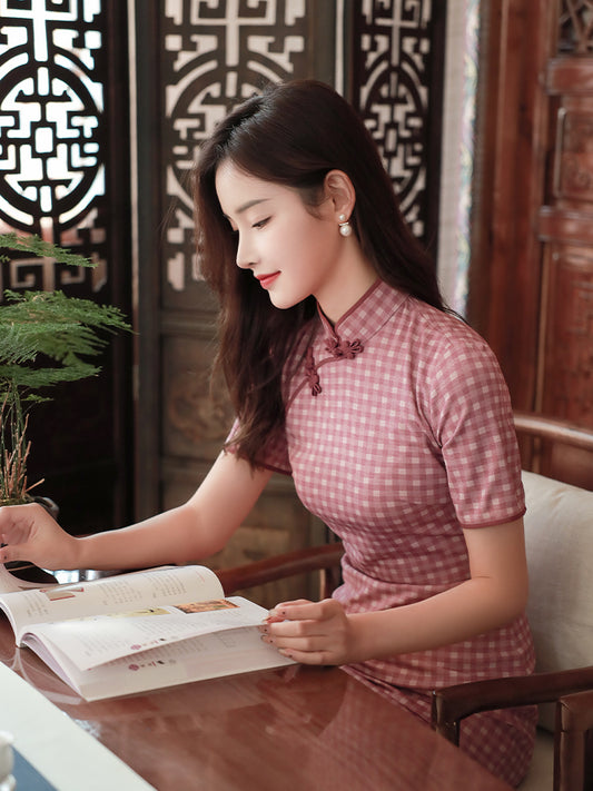 Pink and White Plaid Print|Modern one-Pieces Qipao Dress（容音）