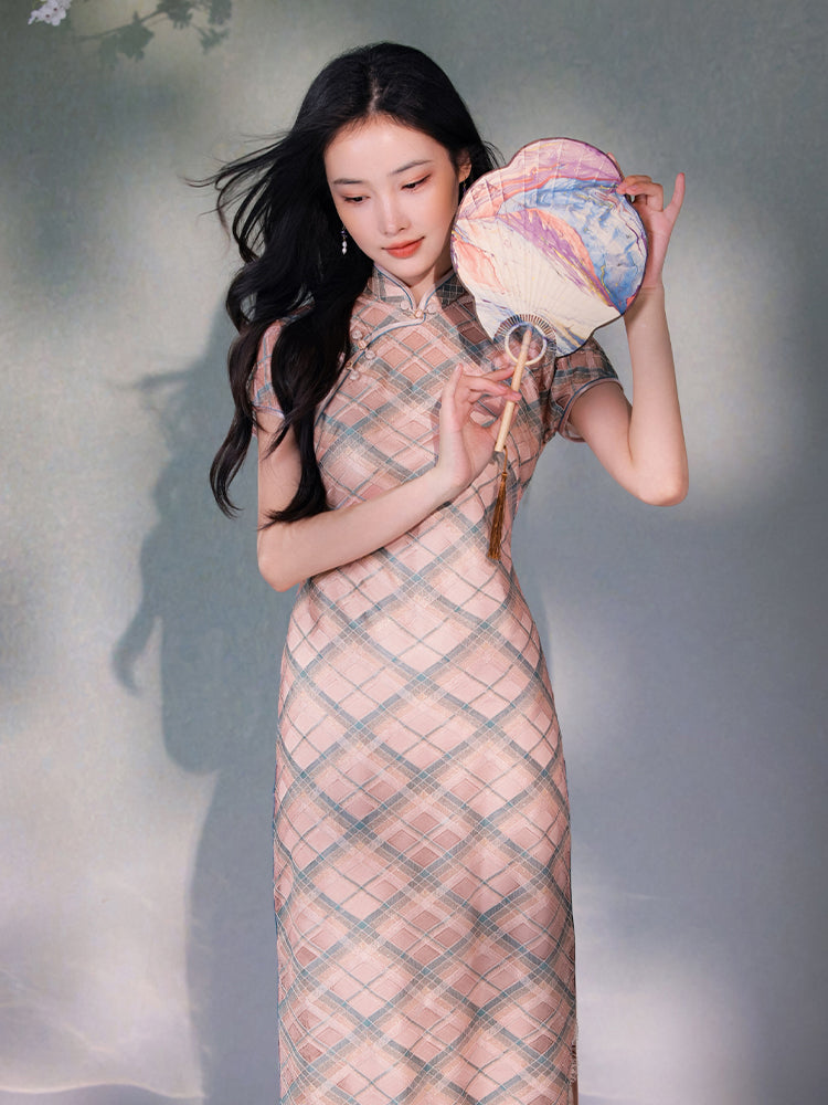 Navy blue Geometric Lattice  | Modern one-Pieces Qipao Dress（若檬）