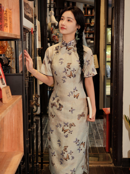 Milky white Butterfly Print | Modern one-Pieces Qipao Dress (蝶涯)