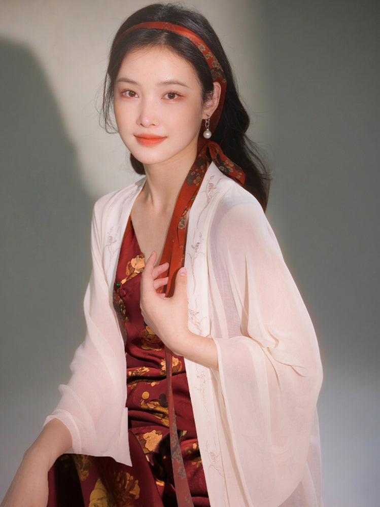 Pale Pink Silk Embroidered | Hanfu-Style Long Draped Cardigan (菲芸)
