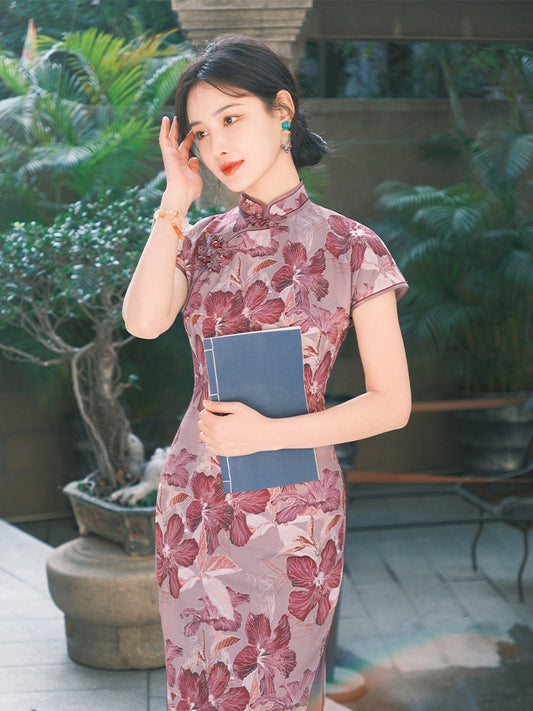 Rose Pink Chiffon Print | Modern one-Pieces Qipao Dress (花间游)