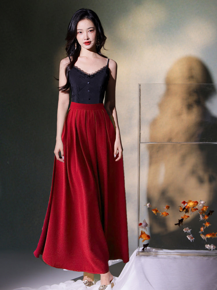 navy blue|pleated long skirt（炽缇）