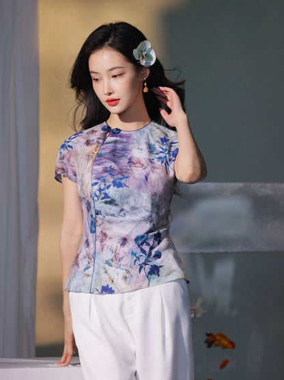Blue, purple and orange coloring|Modern one-Pieces Qipao top（叶栀）