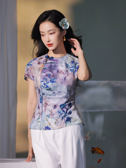 Blue, purple and orange coloring|Modern one-Pieces Qipao top（叶栀）