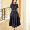 Navy Blue Intricate Jacquard | Effortless Flared Skirt (赫本)