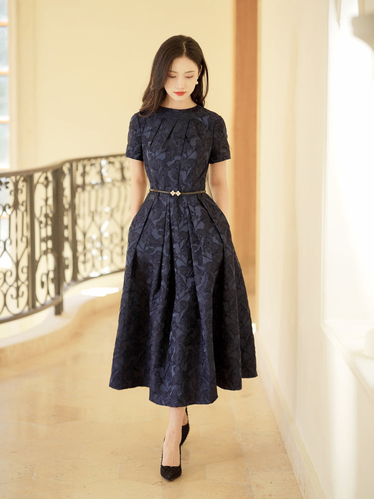 Navy Blue Intricate Jacquard | Effortless Flared Skirt (赫本)