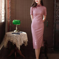 Pink and White Plaid Print|Modern one-Pieces Qipao Dress（容音）
