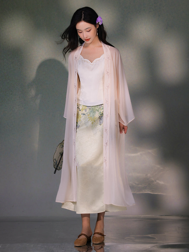 Pale Pink Silk Embroidered | Hanfu-Style Long Draped Cardigan (菲芸)