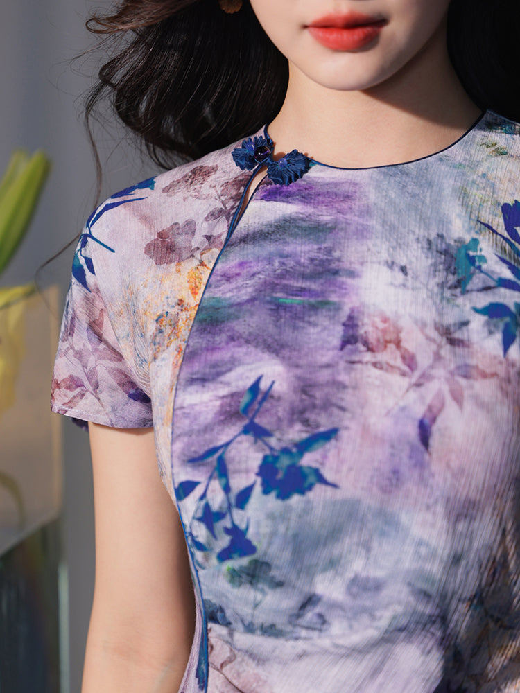 Blue, purple and orange coloring|Modern one-Pieces Qipao top（叶栀）