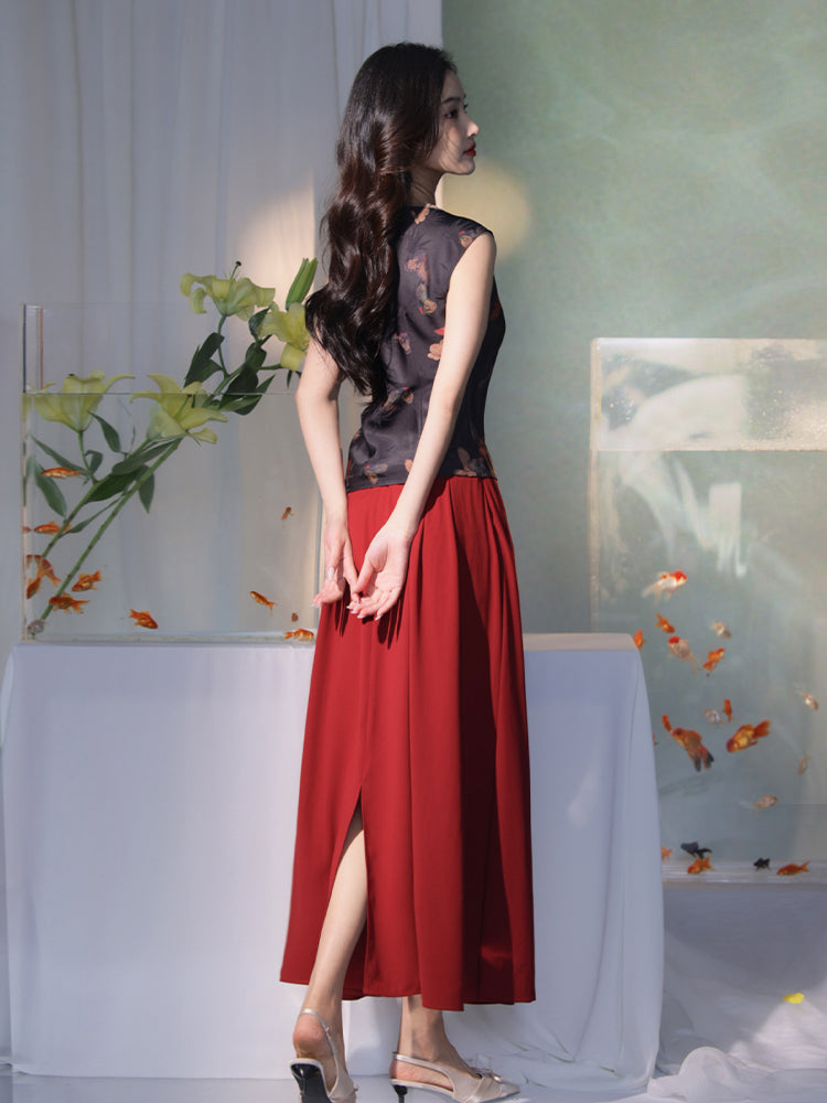 navy blue|pleated long skirt（炽缇）