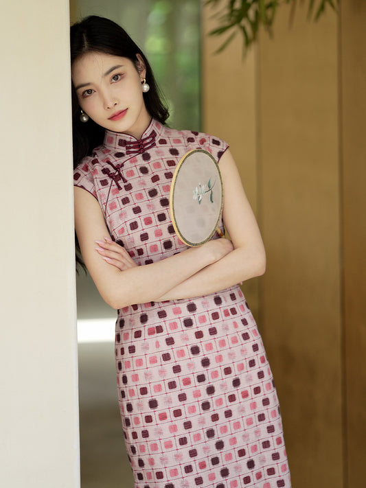 Botanical-dyed geometric prints  | Modern one-Pieces Qipao Dress（念辞）