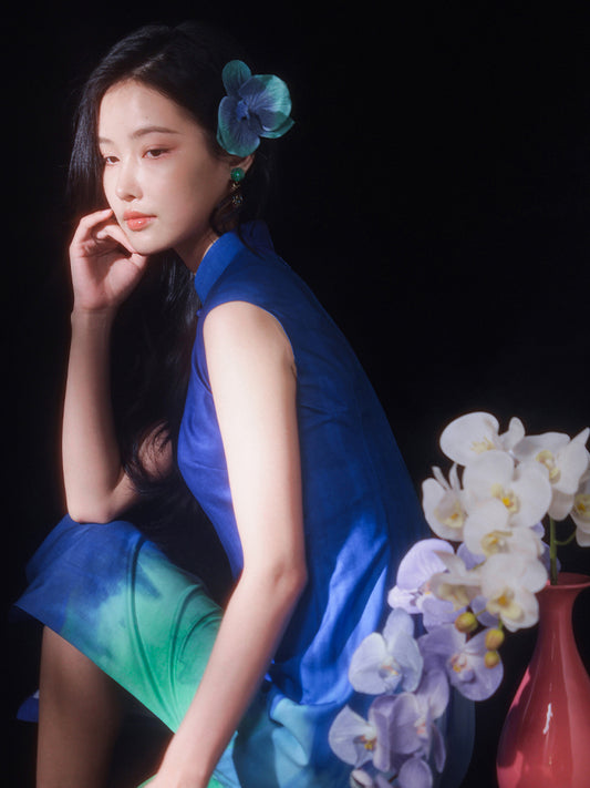 Inked Aurora Blue Green Color Gradient|Modern one-Pieces Qipao Dress（玦光）