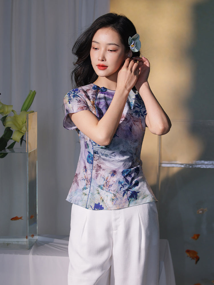 Blue, purple and orange coloring|Modern one-Pieces Qipao top（叶栀）