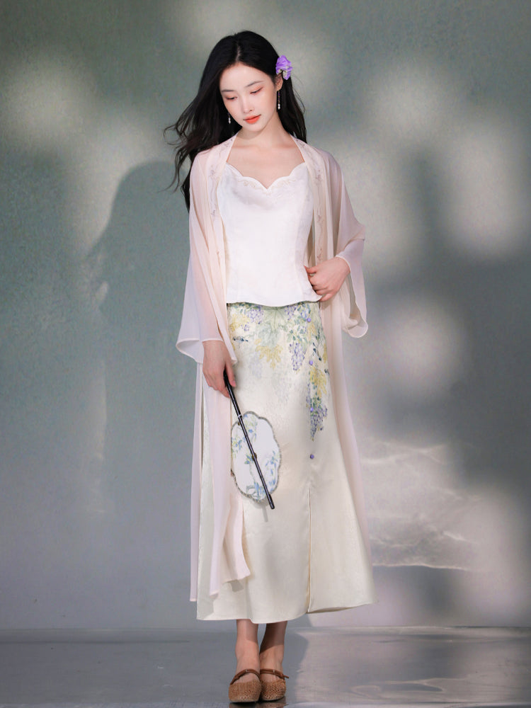 Pale Pink Silk Embroidered | Hanfu-Style Long Draped Cardigan (菲芸)