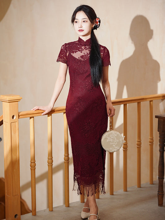 Burgundy Lace Embroidery | Modern one-Pieces Qipao Dress（绯颜）