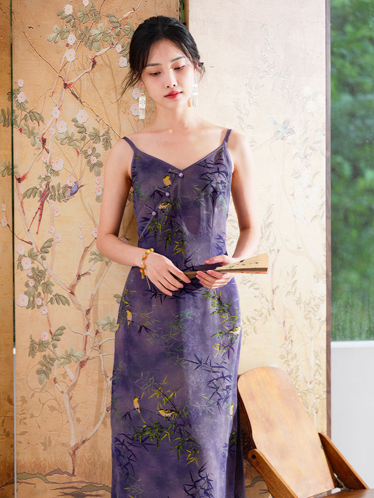 Lilac purple|Modern one-Pieces spaghetti strap dress（馨竹）